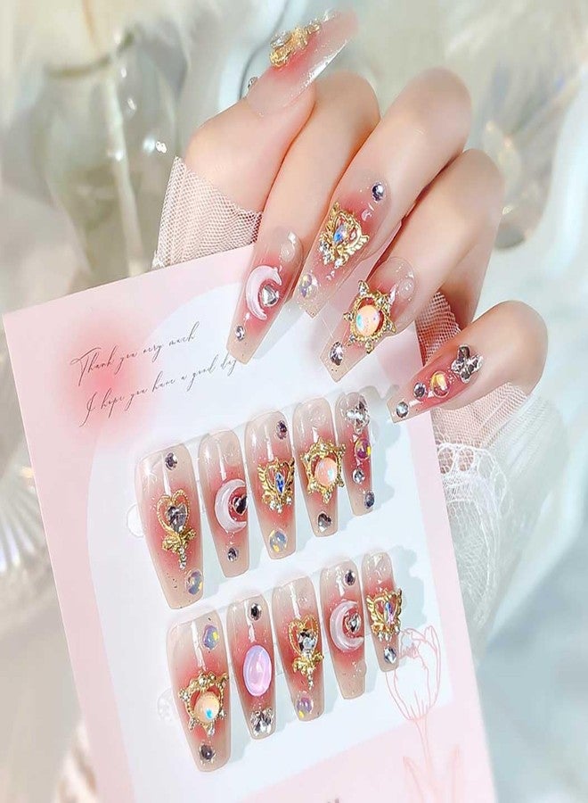 RikView Long Press on Nails Pink Fake Nails with 3D Design Coffin Nails Glossy Full Cover Nails for Women 24 PCs/Set - Image 3